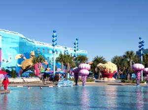 The Big Blue Pool. Apparently Nemo is the size of an average guest so the other statues are HUGE in actual comparison to little Nemo.